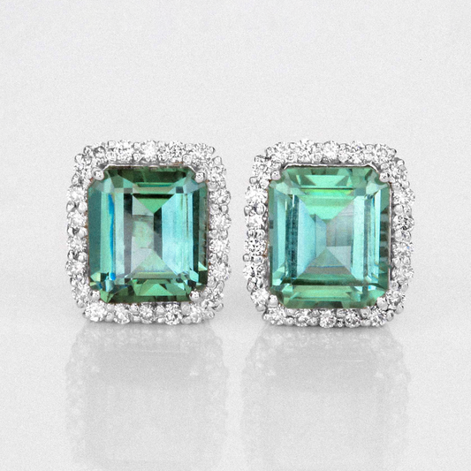 Mint Green Tourmaline & Diamond Halo Earrings -3.98ct