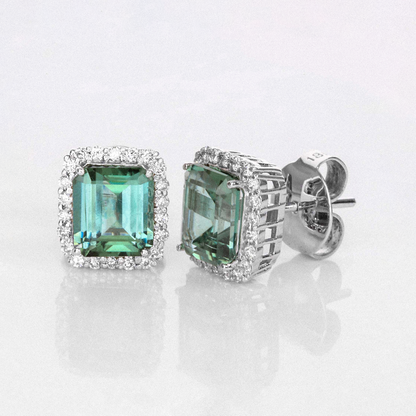 Mint Green Tourmaline & Diamond Halo Earrings -3.98ct